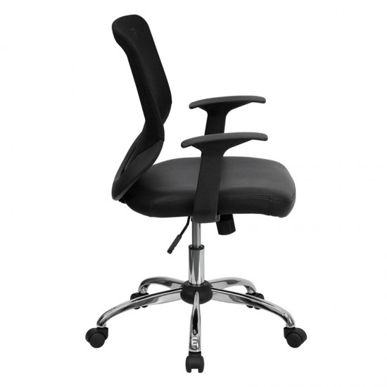 Mid-Back Black Mesh Tapered Back Swivel Task Office Chair with LeatherSoft Seat, Chrome Base and T-Arms