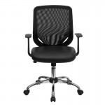 Mid-Back Black Mesh Tapered Back Swivel Task Office Chair with LeatherSoft Seat, Chrome Base and T-Arms