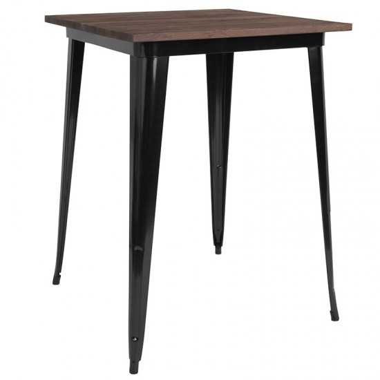 31.5" Square Black Metal Indoor Bar Height Table with Walnut Rustic Wood Top