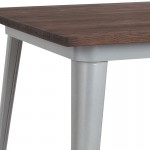 31.5" Square Silver Metal Indoor Bar Height Table with Walnut Rustic Wood Top