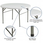 4-Foot Round Bi-Fold Granite White Plastic Banquet and Event Folding Table with Carrying Handle