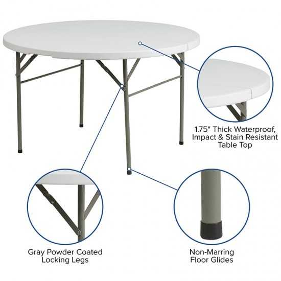 4-Foot Round Bi-Fold Granite White Plastic Banquet and Event Folding Table with Carrying Handle