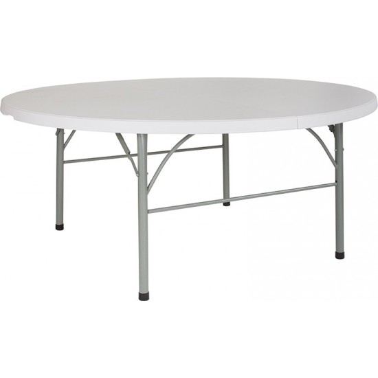 6-Foot Round Bi-Fold Granite White Plastic Banquet and Event Folding Table with Carrying Handle