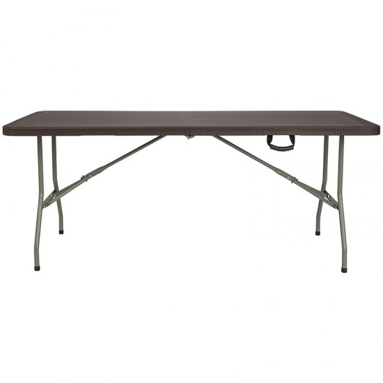 6-Foot Bi-Fold Brown Rattan Plastic Folding Table