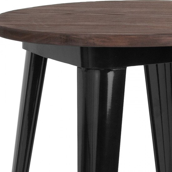 24" Round Black Metal Indoor Bar Height Table with Walnut Rustic Wood Top