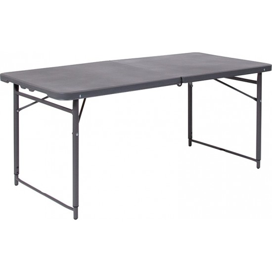 4-Foot Height Adjustable Bi-Fold Dark Gray Plastic Folding Table with Carrying Handle