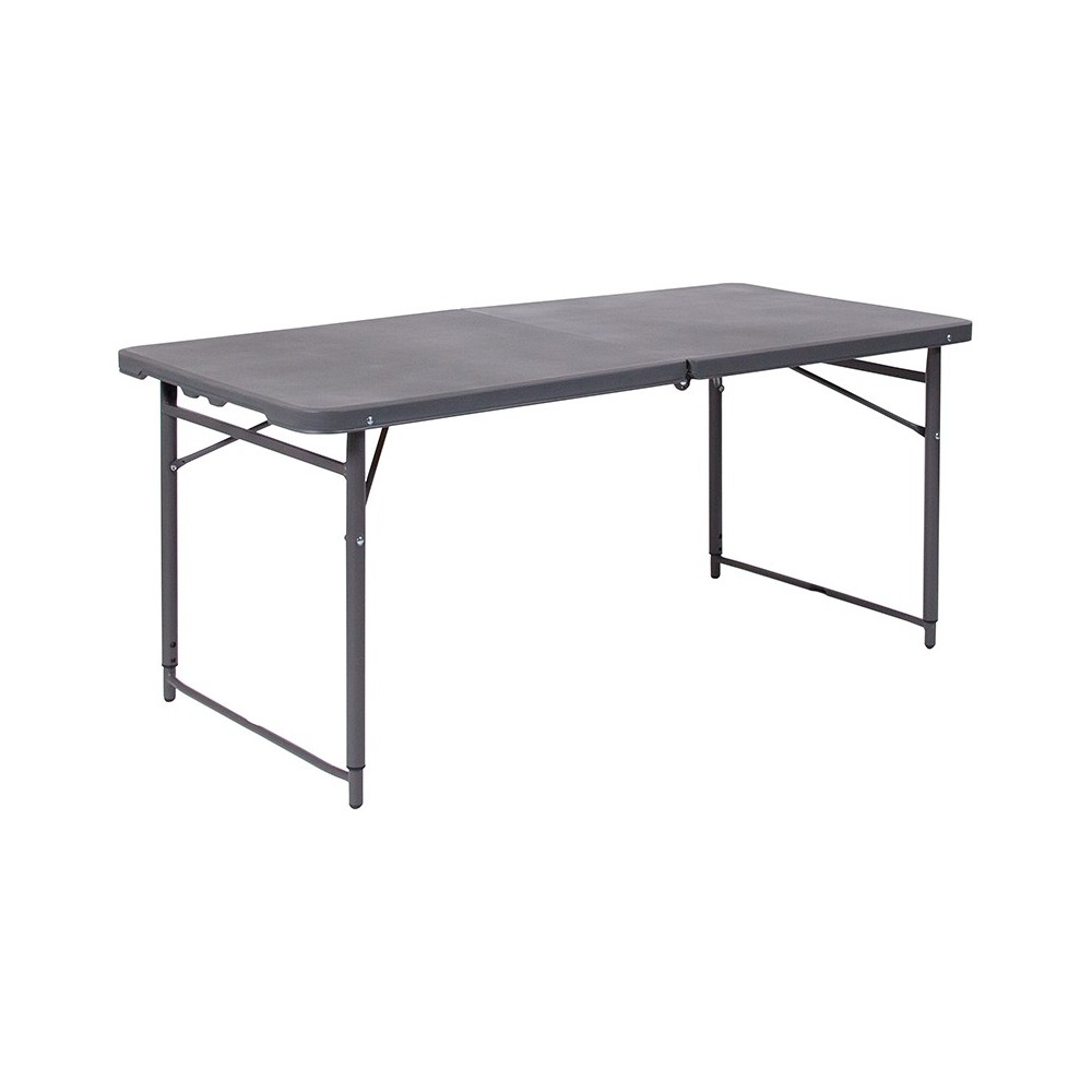 4-Foot Height Adjustable Bi-Fold Dark Gray Plastic Folding Table with Carrying Handle