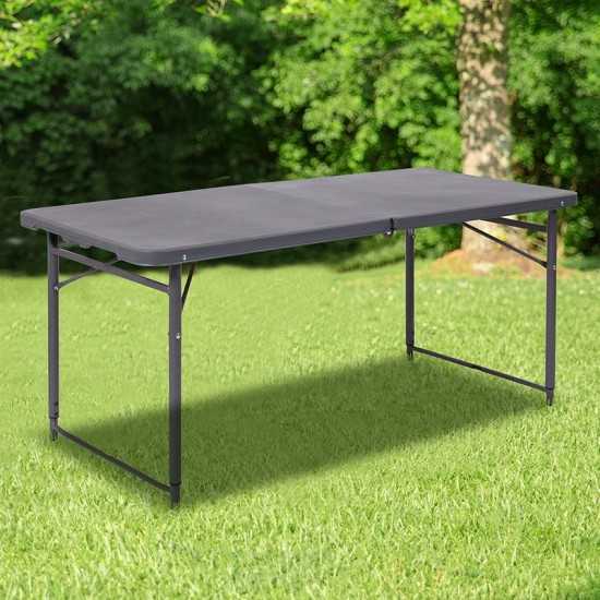 4-Foot Height Adjustable Bi-Fold Dark Gray Plastic Folding Table with Carrying Handle