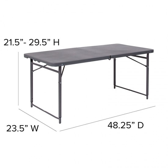 4-Foot Height Adjustable Bi-Fold Dark Gray Plastic Folding Table with Carrying Handle