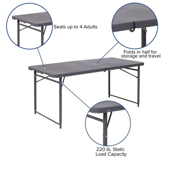 4-Foot Height Adjustable Bi-Fold Dark Gray Plastic Folding Table with Carrying Handle