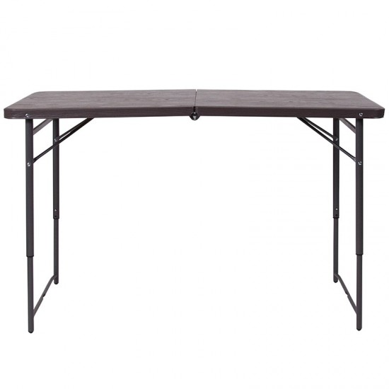 4-Foot Height Adjustable Bi-Fold Brown Wood Grain Plastic Folding Table with Carrying Handle