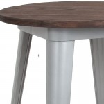 24" Round Silver Metal Indoor Bar Height Table with Walnut Rustic Wood Top