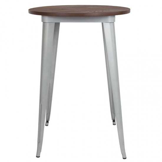 30" Round Silver Metal Indoor Bar Height Table with Walnut Rustic Wood Top