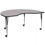 Mobile 48\'\'W x 96\'\'L Kidney Grey Thermal Laminate Activity Table - Standard Height Adjustable Legs