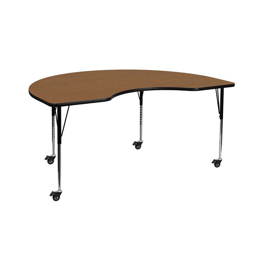 Mobile 48''W x 96''L Kidney Oak Thermal Laminate Activity Table - Standard Height Adjustable Legs