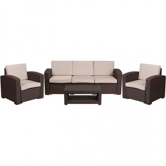 4 Piece Outdoor Faux Rattan Chair, Sofa and Table Set in Chocolate Brown