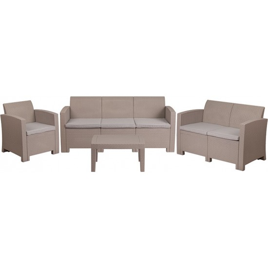 4 Piece Outdoor Faux Rattan Chair, Loveseat, Sofa and Table Set in Light Gray