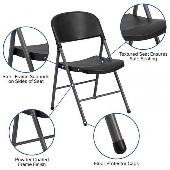 330 lb. Capacity Black Plastic Folding Chair with Charcoal Frame