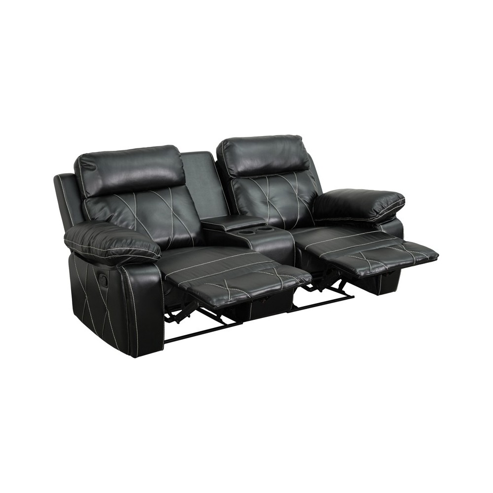 Reel Comfort Series 2-Seat Reclining Black LeatherSoft Theater Seating Unit with Straight Cup Holders