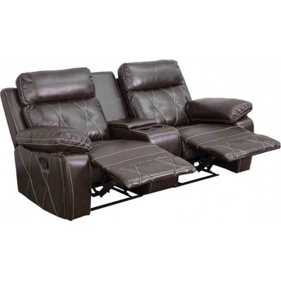 Reel Comfort Series 2-Seat Reclining Brown LeatherSoft Theater Seating Unit with Straight Cup Holders