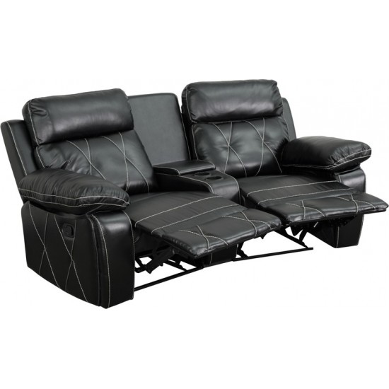 Reel Comfort Series 2-Seat Reclining Black LeatherSoft Theater Seating Unit with Curved Cup Holders