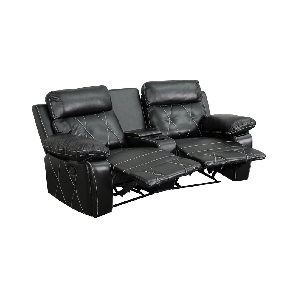 Reel Comfort Series 2-Seat Reclining Black LeatherSoft Theater Seating Unit with Curved Cup Holders