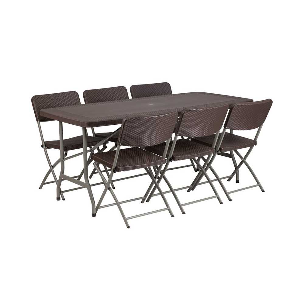 5.62-Foot Brown Rattan Indoor-Outdoor Plastic Folding Table Set with 6 Chairs