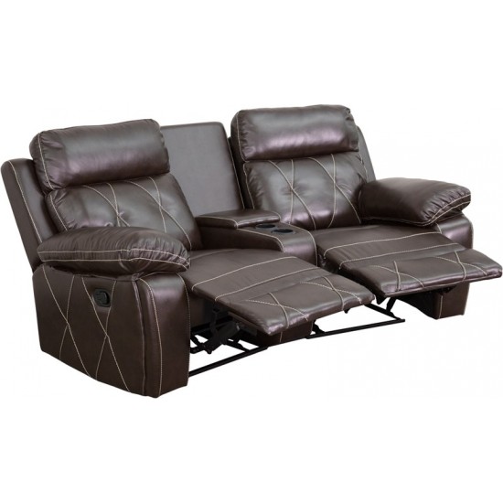 Reel Comfort Series 2-Seat Reclining Brown LeatherSoft Theater Seating Unit with Curved Cup Holders