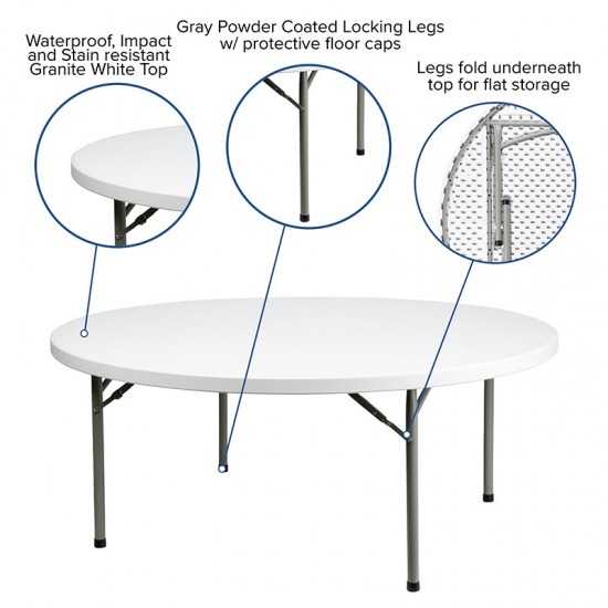 6-Foot Round Granite White Plastic Folding Table