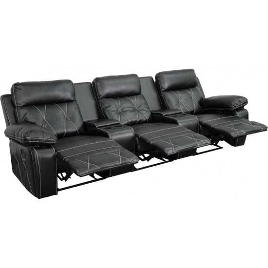 Reel Comfort Series 3-Seat Reclining Black LeatherSoft Theater Seating Unit with Straight Cup Holders