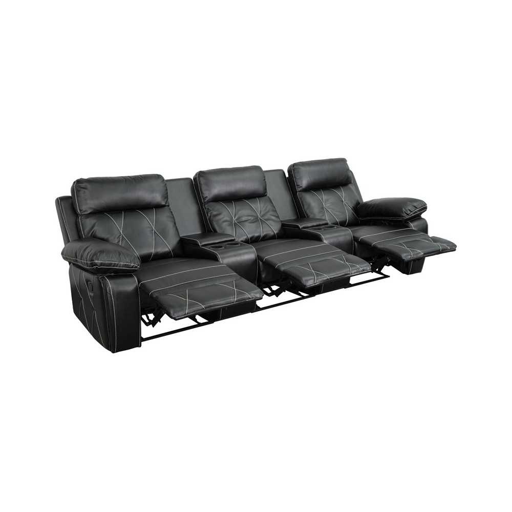 Reel Comfort Series 3-Seat Reclining Black LeatherSoft Theater Seating Unit with Straight Cup Holders Reel Comfort Series 3-Seat Reclining Black LeatherSoft Theater Seating Unit with Straight Cup Holders