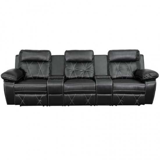 Reel Comfort Series 3-Seat Reclining Black LeatherSoft Theater Seating Unit with Straight Cup Holders