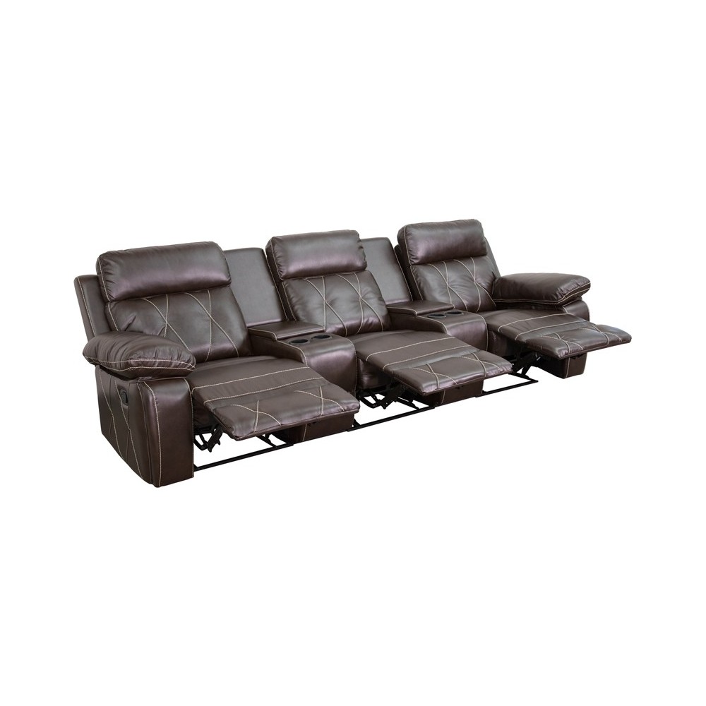 Reel Comfort Series 3-Seat Reclining Brown LeatherSoft Theater Seating Unit with Straight Cup Holders