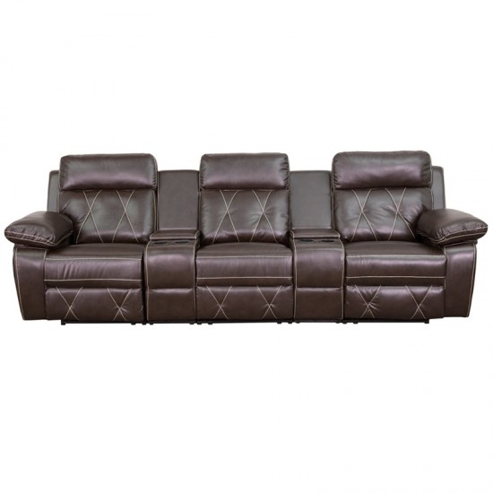 Reel Comfort Series 3-Seat Reclining Brown LeatherSoft Theater Seating Unit with Straight Cup Holders