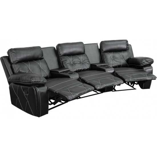 Reel Comfort Series 3-Seat Reclining Black LeatherSoft Theater Seating Unit with Curved Cup Holders