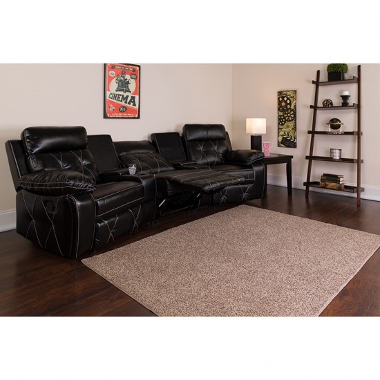 Reel Comfort Series 3-Seat Reclining Black LeatherSoft Theater Seating Unit with Curved Cup Holders