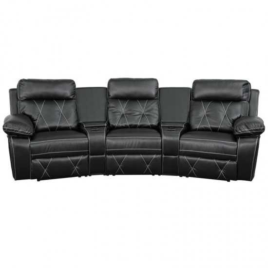 Reel Comfort Series 3-Seat Reclining Black LeatherSoft Theater Seating Unit with Curved Cup Holders