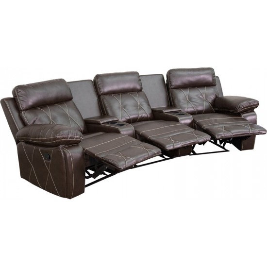 Reel Comfort Series 3-Seat Reclining Brown LeatherSoft Theater Seating Unit with Curved Cup Holders