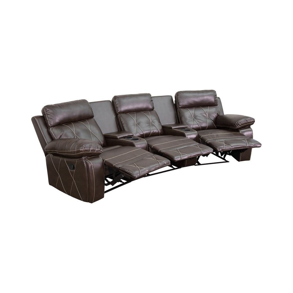 Reel Comfort Series 3-Seat Reclining Brown LeatherSoft Theater Seating Unit with Curved Cup Holders