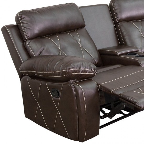 Reel Comfort Series 3-Seat Reclining Brown LeatherSoft Theater Seating Unit with Curved Cup Holders