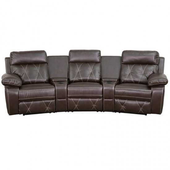 Reel Comfort Series 3-Seat Reclining Brown LeatherSoft Theater Seating Unit with Curved Cup Holders