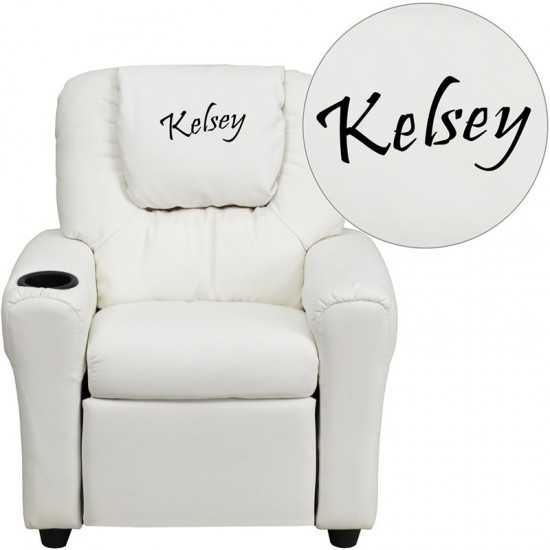 Personalized White Vinyl Kids Recliner with Cup Holder and Headrest