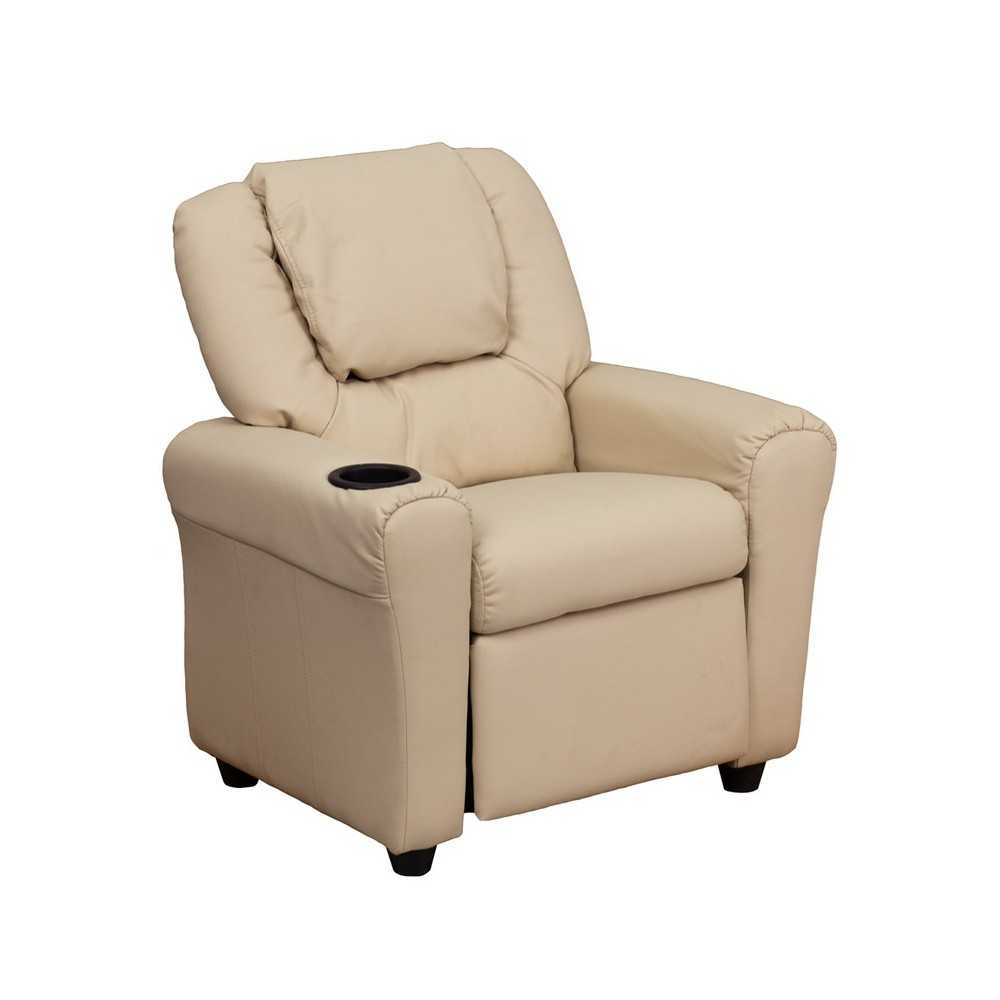 Contemporary Beige Vinyl Kids Recliner with Cup Holder and Headrest