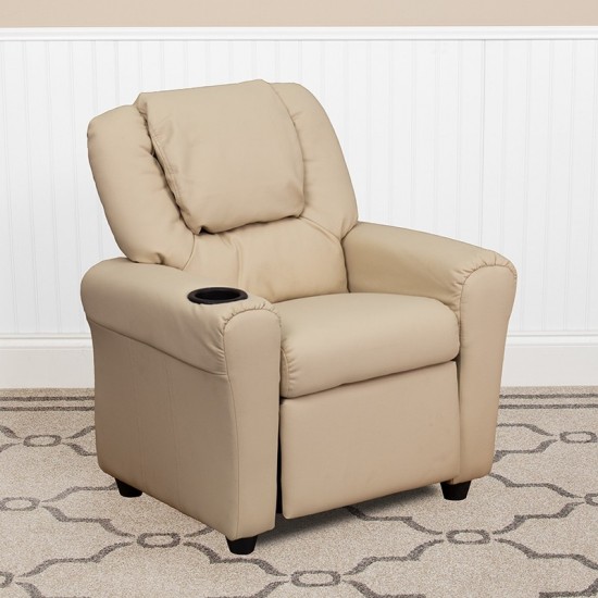 Contemporary Beige Vinyl Kids Recliner with Cup Holder and Headrest