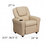 Contemporary Beige Vinyl Kids Recliner with Cup Holder and Headrest