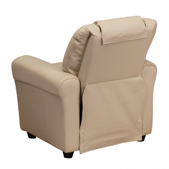 Contemporary Beige Vinyl Kids Recliner with Cup Holder and Headrest