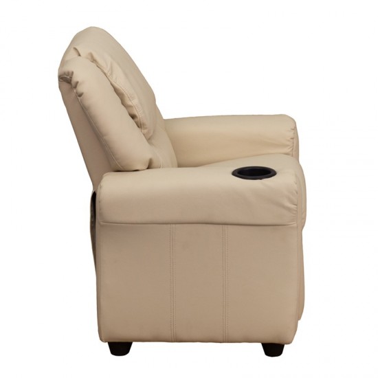 Contemporary Beige Vinyl Kids Recliner with Cup Holder and Headrest