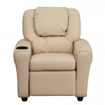 Contemporary Beige Vinyl Kids Recliner with Cup Holder and Headrest