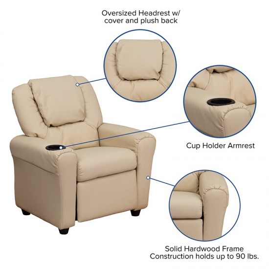 Contemporary Beige Vinyl Kids Recliner with Cup Holder and Headrest