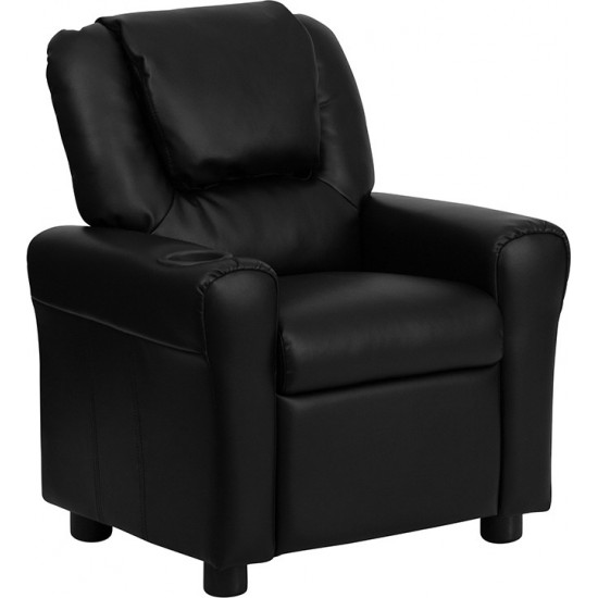 Contemporary Black LeatherSoft Kids Recliner with Cup Holder and Headrest